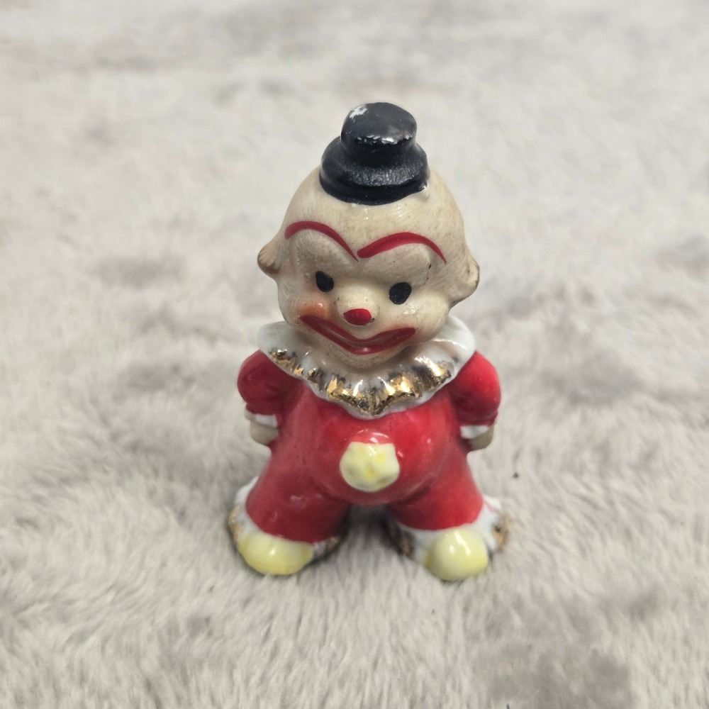 Vintage Miniature Ceramic Clown Figurine Red Suit Gold Trim Made in Japan 2.25"